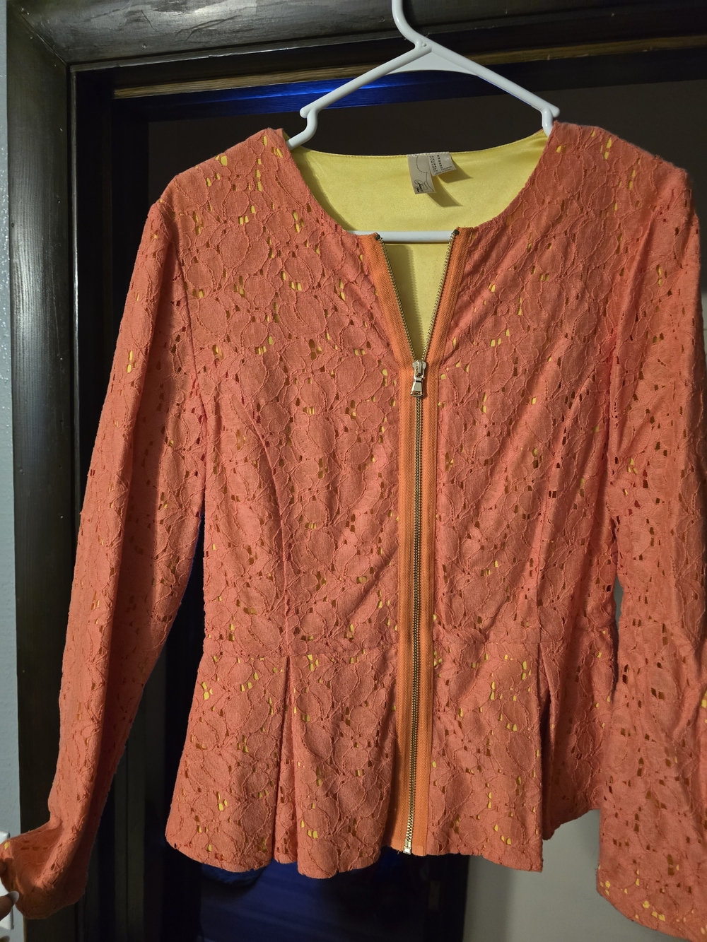 Forever 21 Coral Lace Zip-Front Peplum Jacket with Yellow Liner